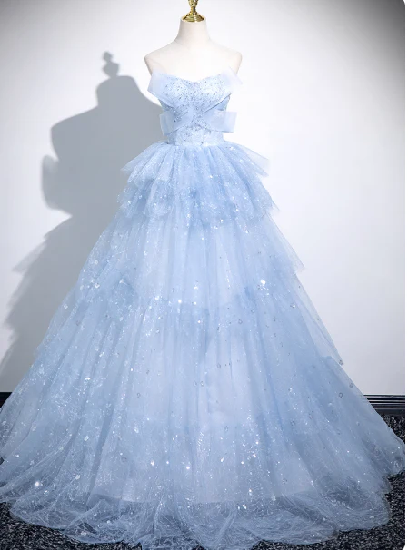 Cute Off-shoulder Ball Gown Tulle Sequined Long Prom Dress Sweet Ice Blue Quinceanera Dress DP2964 - Deanwangkt