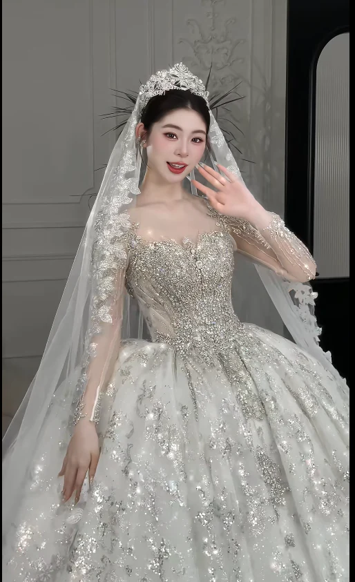 Gorgeous Square Neck Ball Gown Tulle Long Wedding Dresses Beaded White Bridal Gowns Long Sleeve Bridal Dresses DP3743 - Deanwangkt