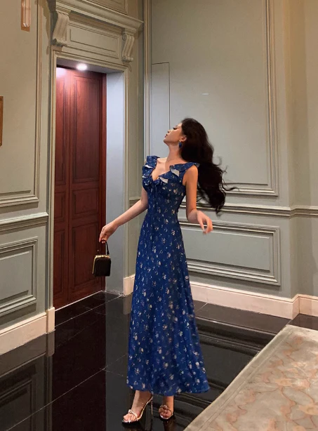 Classy A line V Neckline Blue Chiffon Sleeveless 18th Birthday Dress Party Gown Birthday Outfits Birthday Dress Ideas For Women DP557 - Deanwangkt