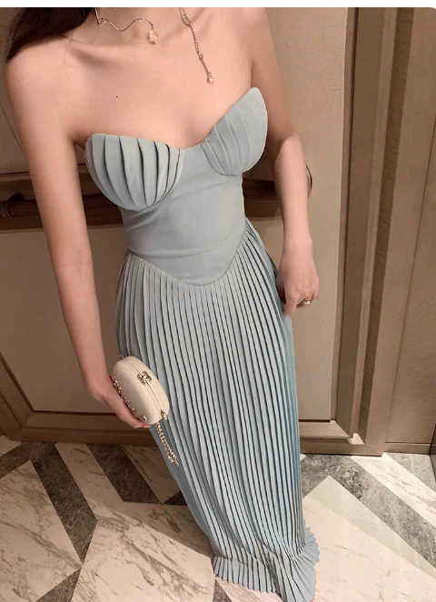 Sexy Sheath Evening Dresses, Chiffon Pleated Formal Dresses Blue Sleeveless Guest Dresses DP2993 - Deanwangkt