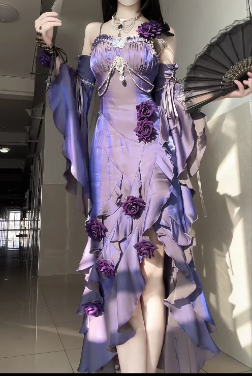 Sexy Spaghetti Strap Sheath Purple Long Prom Dresses Sleeveless Satin Ruffle Purple Birthday Dresses DP3856 - Deanwangkt