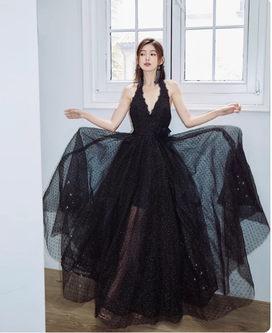 Elegant Vneck A-line Black Long Evening Dresses Sequin Tulle Black Birthday Dresses DP3780 - Deanwangkt