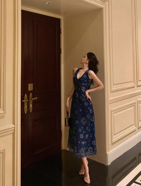 Vintage A line V Neckline Navy Blue Chiffon 18th Birthday Dress Party Gown Birthday Outfits For Women DP0196 - Deanwangkt