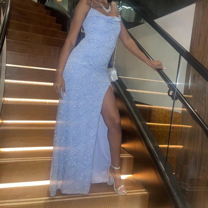 Sparkly Blue Sequins Sheath Evening Party Dress with High Slit Long Prom Dress Formal Dress DP288 - Deanwangkt