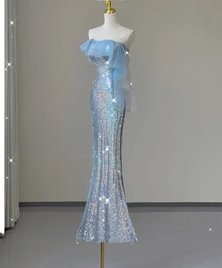 Pretty Mermaid Strapless Blue Sequin Long Silver Prom Dresses Evening Dresses DP450 - Deanwangkt
