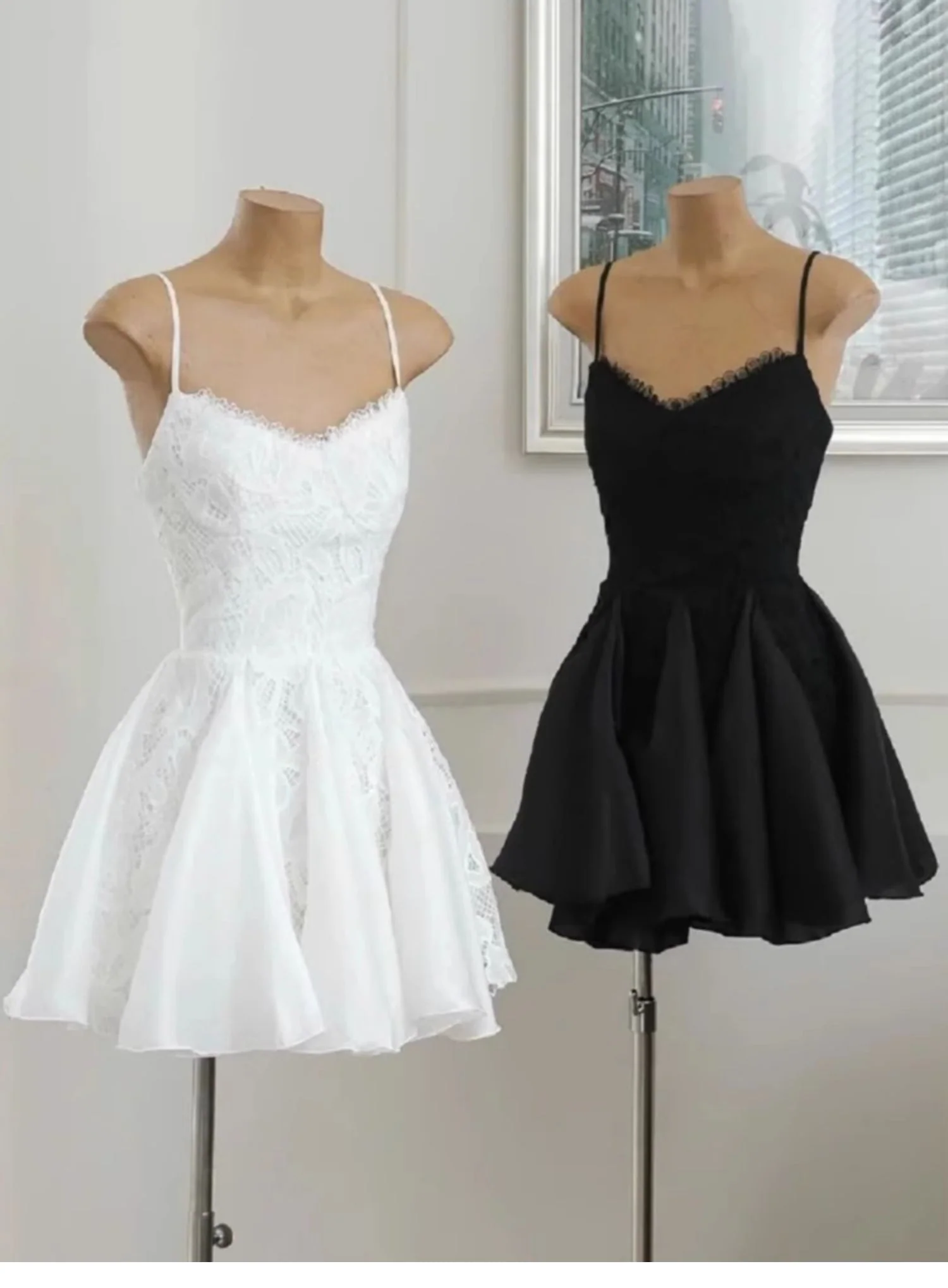Simple A line Spaghetti Straps Black Lace Short Homecoming Dress Summer Hoco Dresses Cocktail Dress DP1763 - Deanwangkt