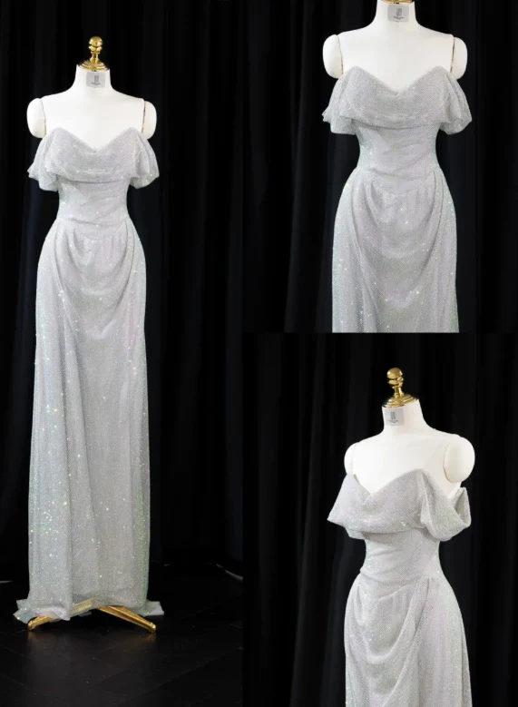 Glam Strapless Sheath Long Prom Dresses Net Silver Evening Dresses DP3336 - Deanwangkt