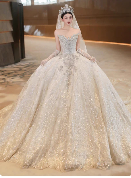 Luxury Sweetheart Neck Ball Gown Beaded Long Wedding Dresses Tulle White Bridal Dresses Sleeveless Bridal Gowns DP3697 - Deanwangkt