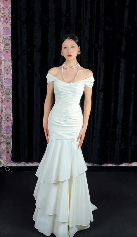 Chic Mermaid White Black Long Prom Dresses Cup Sleeves White Evening Dresses DP3927 - Deanwangkt