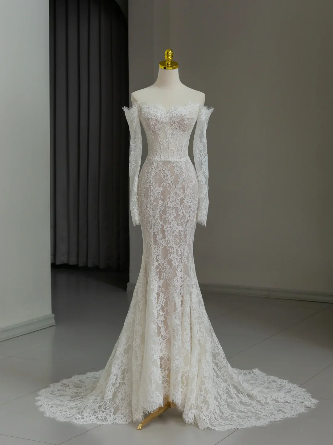 Modest Bridal Gown Mermaid Off The Shoulder White Long Sleeves Lace Wedding Dresses Elegant Bridal Gowns DH1138 - Deanwangkt
