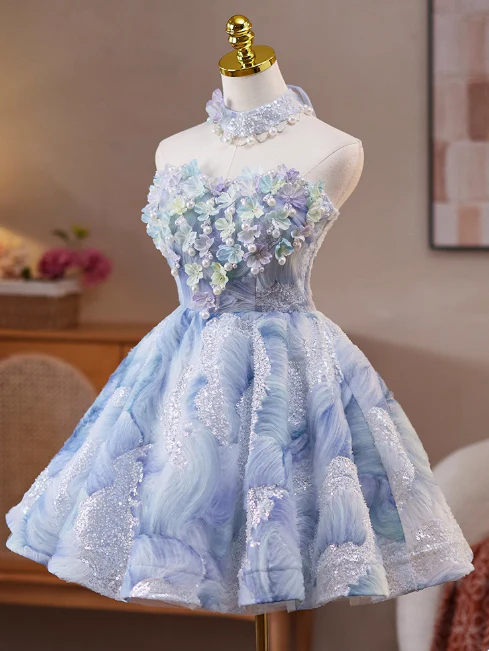 Sweet Strapless A-Line Short Prom Dresses, Blue Homecoming Dresses DP3130 - Deanwangkt