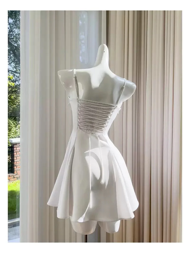 Trendy A line Spaghetti Straps White Satin Formal Short 8th Grade Homecoming Dress Summer Middle School Hoco Dresses Birthday Outfits W920 - Deanwangkt