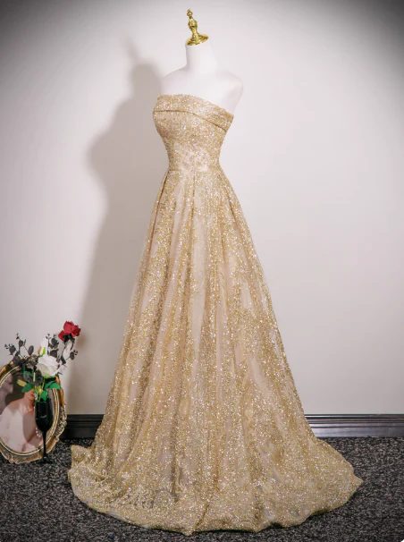 Gorgeous Strapless A-Line Long Evening Dresses Tulle Gold Prom Dresses DP3305 - Deanwangkt