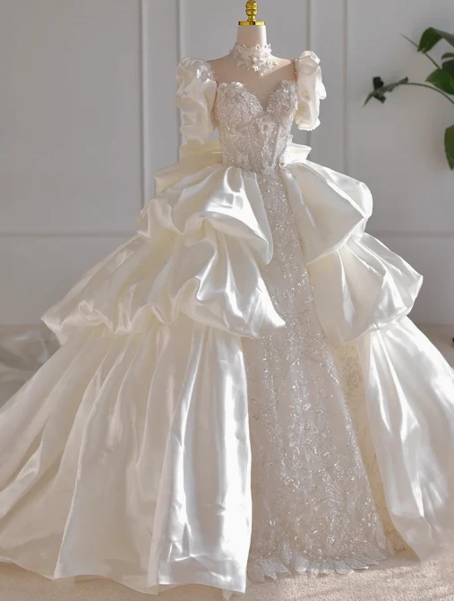 Princess Bridal Dress Ball Gown V-Neck Satin White Beads Long Wedding Dress Modest Lace Bridal Gowns DP2766 - Deanwangkt