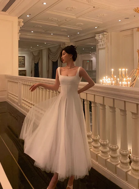 Elegant A line Square neckline Sleeveless White Tulle 21st Birthday Dress Party Gown Birthday Outfits Birthday Dress Ideas For Women DP551 - Deanwangkt