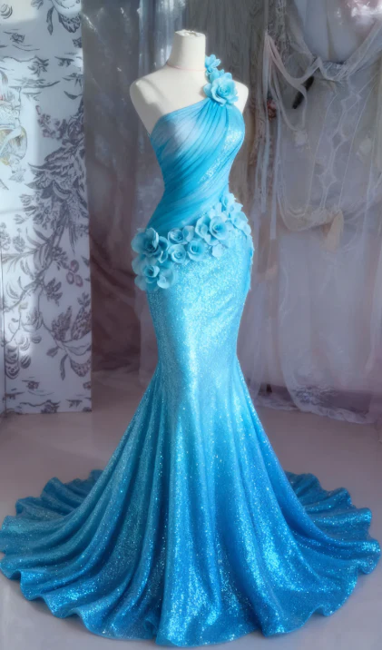 Elegant Mermaid Blue Long Prom Dresses, Sleeveless Sequined Blue Formal Dresses DP3932 - Deanwangkt
