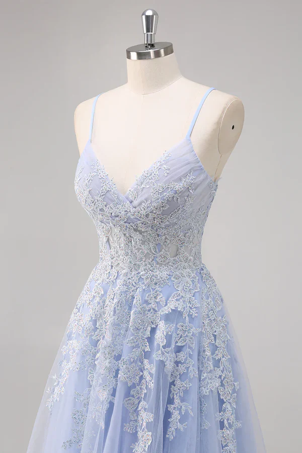 Pretty A Line Spaghetti Straps Tulle Beaded Long Prom Dress with Slit Graduation Dresses DP527 - Deanwangkt