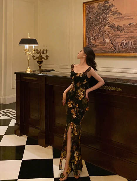 Elegant Mermaid Black Floral Chiffon 18th Birthday Dress Party Gown Birthday Outfits Birthday Dress Ideas For Women DP603 - Deanwangkt