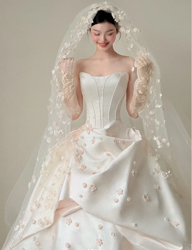 Modest White Strapless Long Ball Gown Elegant Wedding Dress Simple Quinceanera Dress DH2712 - Deanwangkt