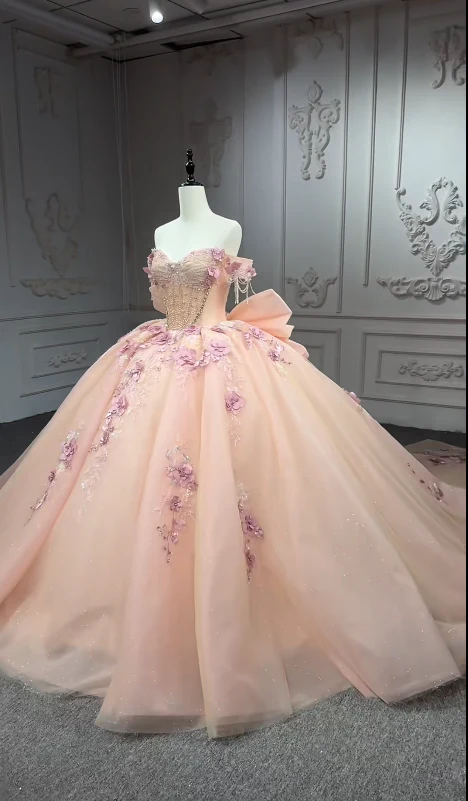 Fairy Off-the-Shoulder Ball Gown Long Prom Dresses Tulle Appliques Orange Pink Quinceanera Dresses Beading Sweet 16 Dresses DP3691 - Deanwangkt