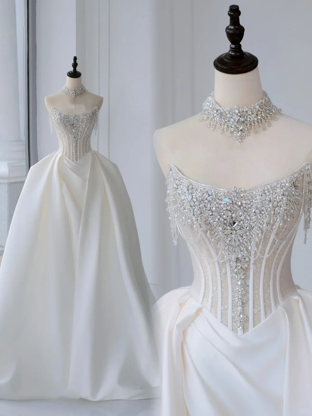 Timeless Bridal Gown Ball Gown Strapless Satin Silver Beads Sleeveless Long White Wedding Dresses Elegant Bridal Gowns DH888 - Deanwangkt