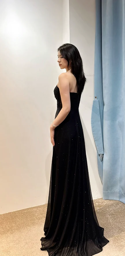 Elegant Sheath Black Long Prom Dresses Sparkly Chiffon Strapless Black Evening Dresses DP3959 - Deanwangkt