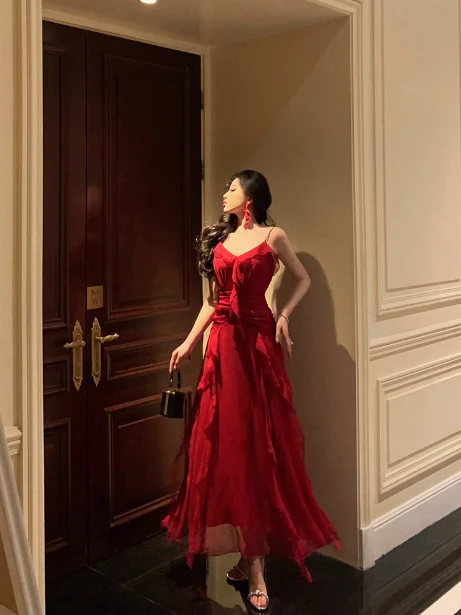 Classy A line Spaghetti Straps Red Sleeveless 18th Birthday Dress Party Gown 21st Birthday Outfits Birthday Dress Ideas For Women DP564 - Deanwangkt