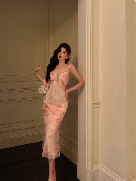 Elegant Sheath Pink Floral Chiffon 18th Birthday Dress Party Gown Birthday Outfits Birthday Dress Ideas For Women DP592 - Deanwangkt