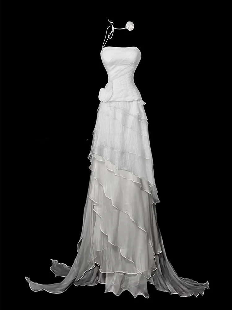 Elegant Strapless Sheath Long Prom Dresses, Chiffon White Evening Gowns DP3219 - Deanwangkt