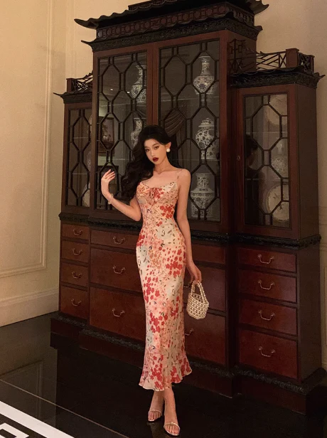 Sexy Mermaid Spaghetti Straps Floral Pink 18th Birthday Dress Holiday Party Birthday Outfits For Women DP0161 - Deanwangkt