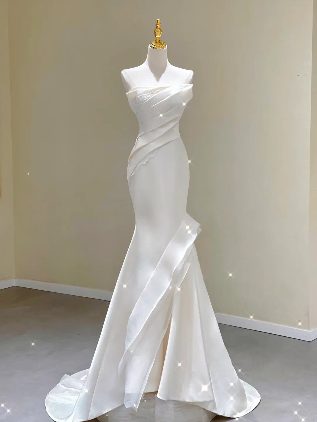 Unique Mermaid Strapless Neckline Satin Long Wedding Dresses White Brides Dress DP334 - Deanwangkt