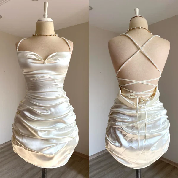 Classy Sheath Straps Short Homecoming Dress Cocktail Dress Satin White Birthday Dresses DP536 - Deanwangkt