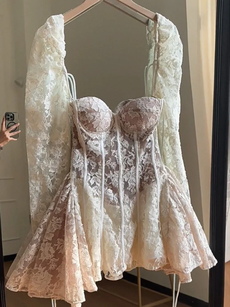 Simple A line Sweetheart Lace Short Long Sleeves Homecoming Dress Summer Hoco Dresses Cocktail Dress DP1777 - Deanwangkt