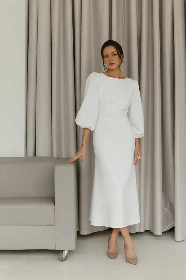 Classy Elegant White Puff Short Sleeves Backless White Midi Dress Wedding Guest Dress Prom Dresses DP256 - Deanwangkt