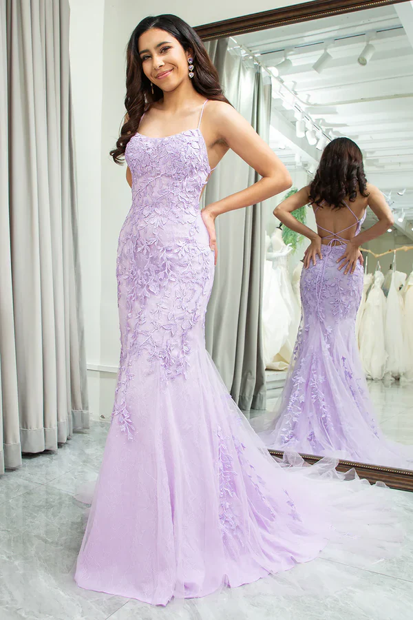 Elegant Mermaid Spaghetti Straps Long Prom Dress With Appliques Lace Evening Dresses DP257 - Deanwangkt