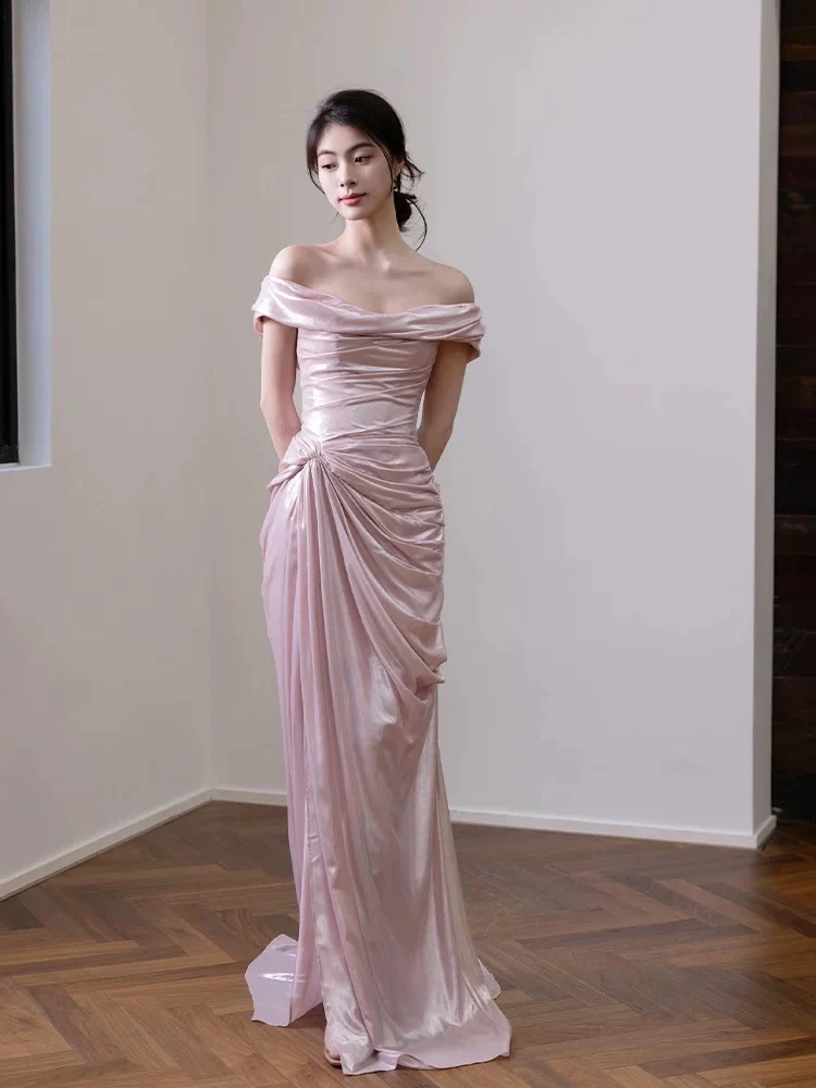Elegant Mermaid Off The Shoulder Pink Satin Short Sleeves Long Evening Party Gowns Evening Formal Dresses Prom Dress W801 - Deanwangkt