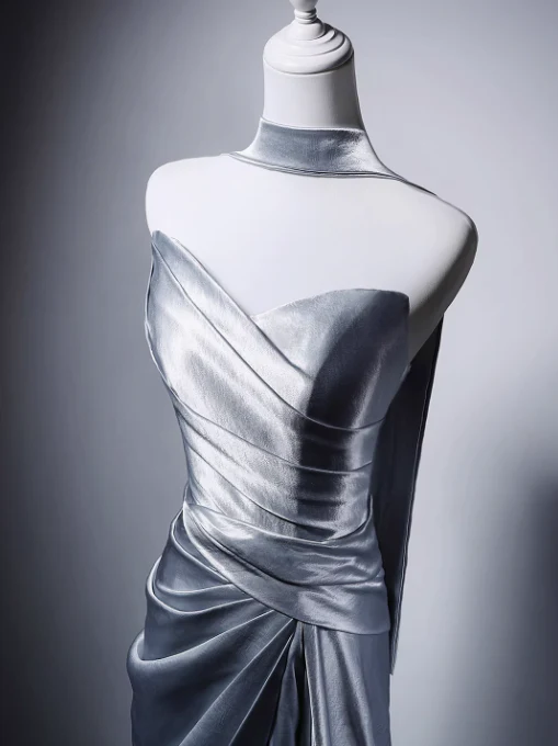 Elegant Light Gray Blue Mermaid Evening Gowns Strapless Satin Long Prom Dress Modest Sleeveless Formal Dress with Scarf DH2746 - Deanwangkt