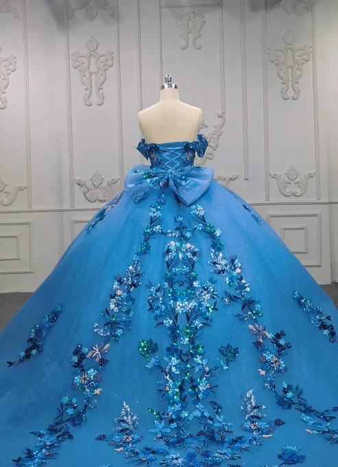 Gorgeous Off-the-Shoulder Ball Gown Tulle Long Prom Dresses Applique Blue Quinceanera Dresses Sweet 16 Dresses DP3364 - Deanwangkt