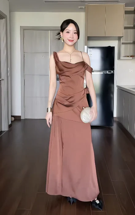 Elegant Spaghetti Straps Sheath Long Prom Dresses Satin Brown Wedding Guest Dresses DP3805 - Deanwangkt