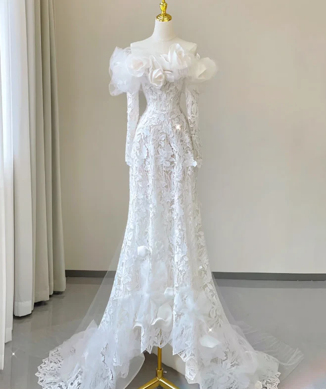 Classy Elegant Mermaid Off The Shoulder White Long Sleeves Flowers Wedding Dresses Brides Dress DP458 - Deanwangkt