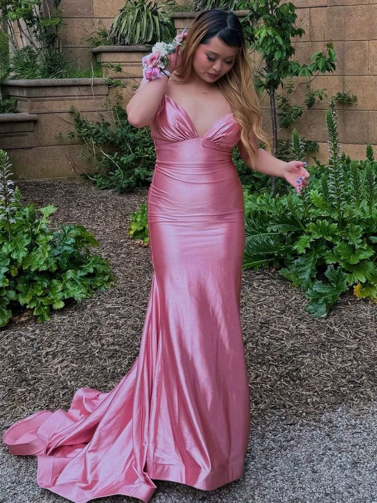 Pretty V Neck Pink Satin Mermaid Sleeveless Long Prom Dress DP274 - Deanwangkt