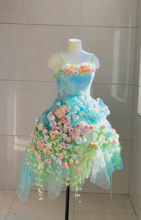 Fairy Spaghetti Strap Ball Gown 3D Floral Tulle Birthday Dresses Pale Blue Lolita Dress DP3199 - Deanwangkt