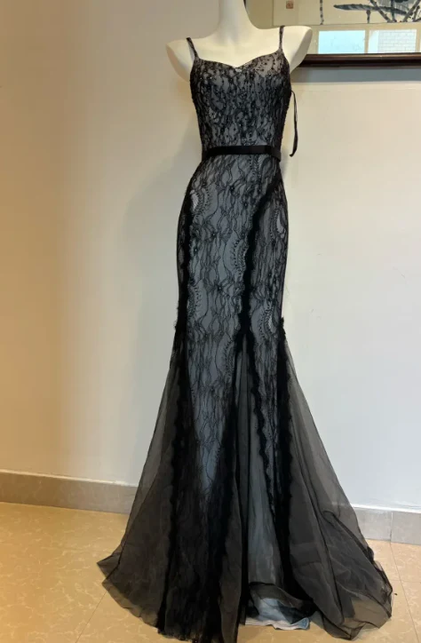 Chic Spaghetti Strap Mermaid Lace Long Prom Dresses, Black Formal Evening Dresses DP3093 - Deanwangkt