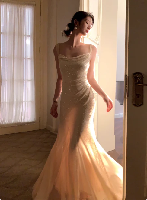 Sparkly Mermaid Evening Dresses, Chiffon Sleeveless Formal Dresses Wedding Guest Dresses DP2992 - Deanwangkt