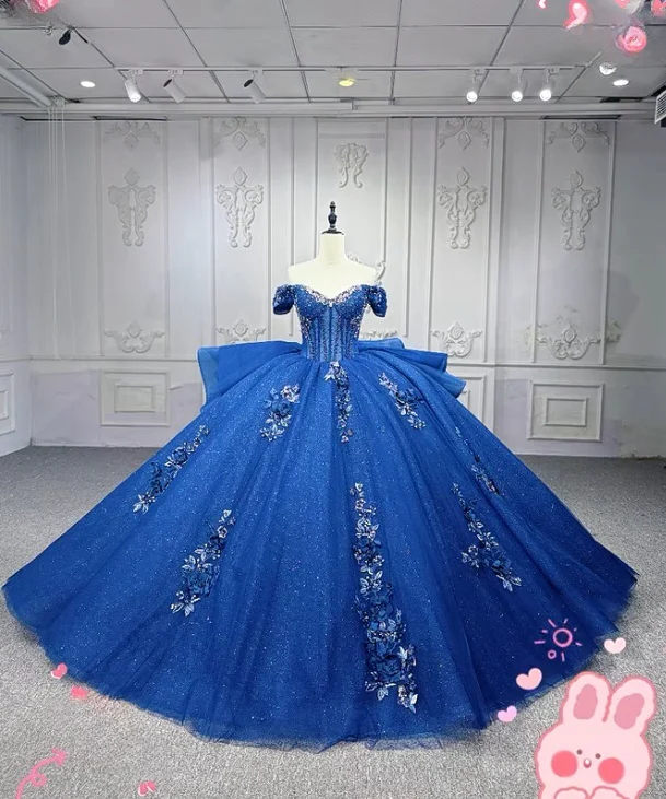 Gorgeous Off-the-Shoulder Ball Gown Tulle Applique Long Prom Dresses Royal Blue Quinceanera Dresses Sparkly Sweet 16 Dresses DP3268 - Deanwangkt
