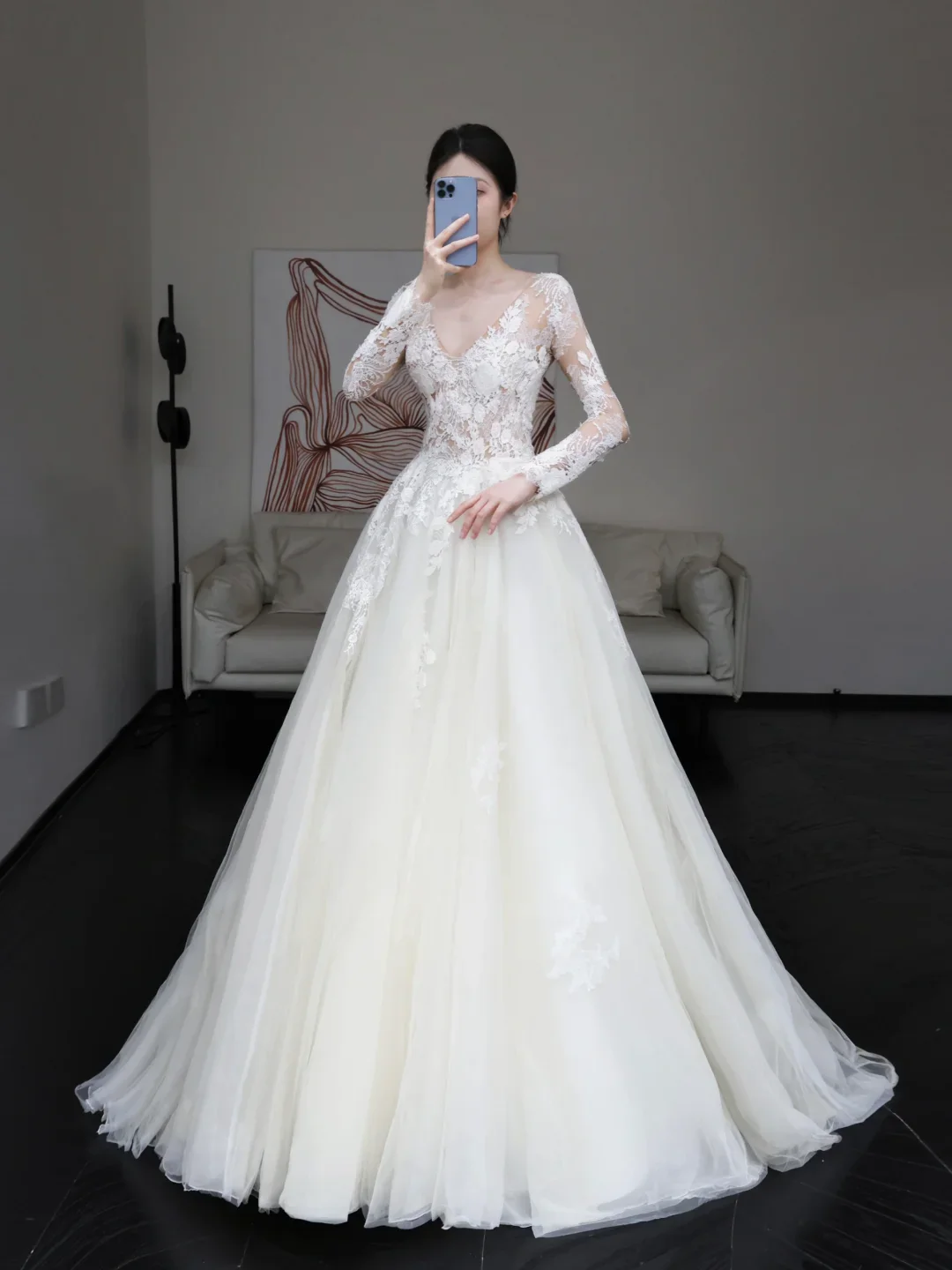 Unique Bridal Gown Ball Gown V Neckline Long Sleeves White Lace Wedding Dresses Bridal Gowns DP645 - Deanwangkt
