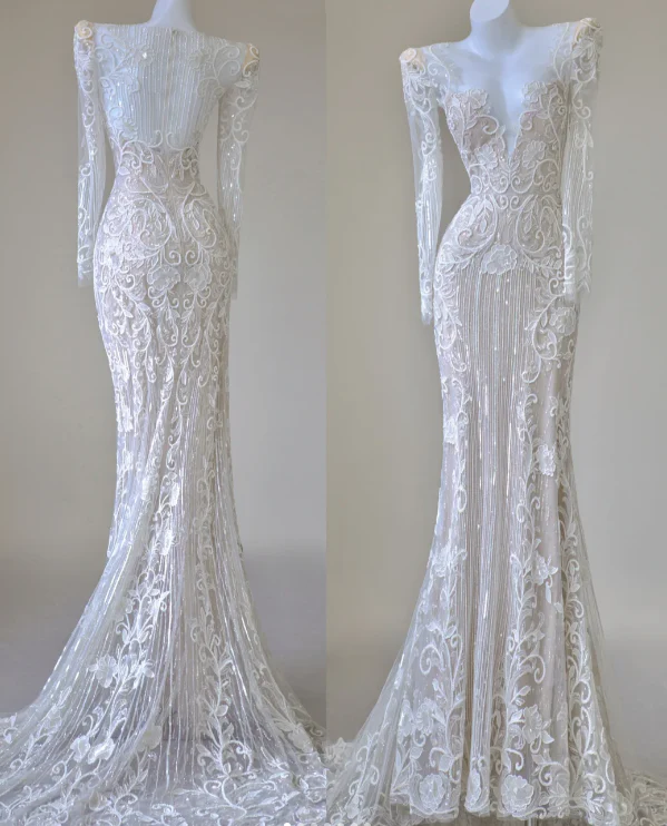 Unique Mermaid V Neckline White Lace Long Sleeves Wedding Dresses Brides Dress P0023 - Deanwangkt