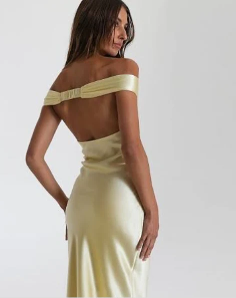 Gorgeous Sheath Off The Shoulder Yellow Satin Prom Dresses Formal Summer Wedding Guest Dresses Wedding Guest Outfits DP767 - Deanwangkt