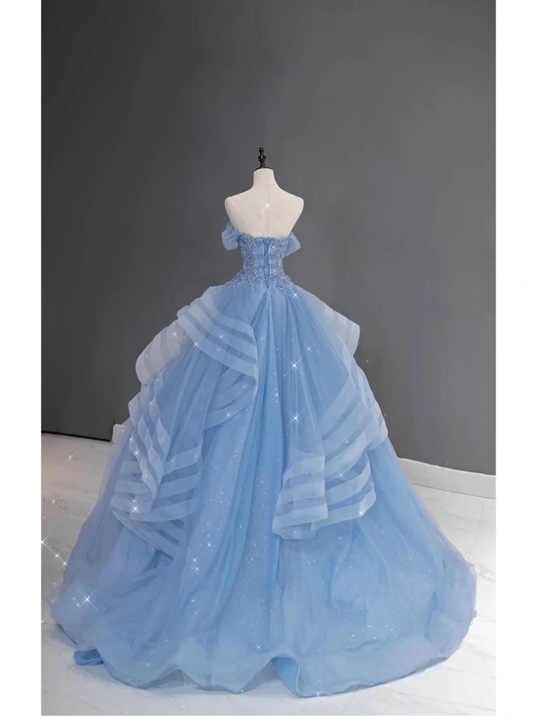 Pretty Ball Gown Off The Shoulder Blue Tulle Long Quinceanera Dress Formal Gowns Vestido De 15 Anos Sweet 16 Dress DH866 - Deanwangkt
