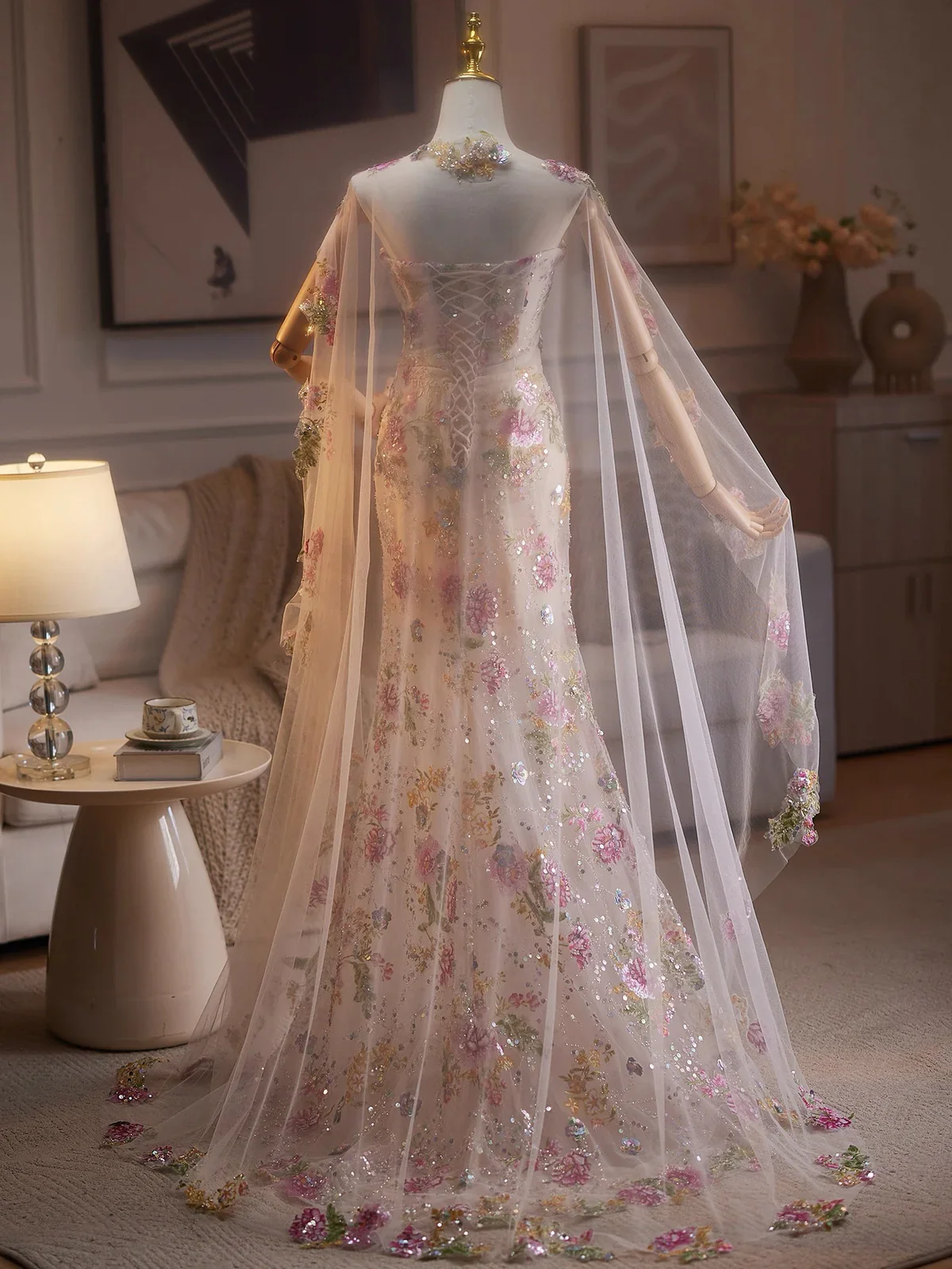 Glam Strapless Mermaid Tulle Long Prom Dresses, Floral Formal Evening Dresses DP3165 - Deanwangkt